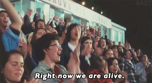 Gif of clips from the movie "Wallflowers" and text that says "Right now we are alive"