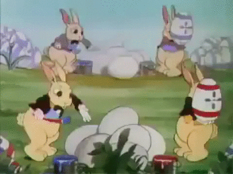 Easter jokes, four bunnies painting eggs