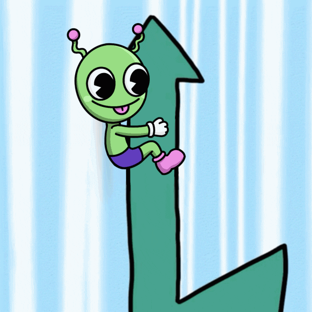 Cute alien climbing green V-shaped arrow—recovery pattern