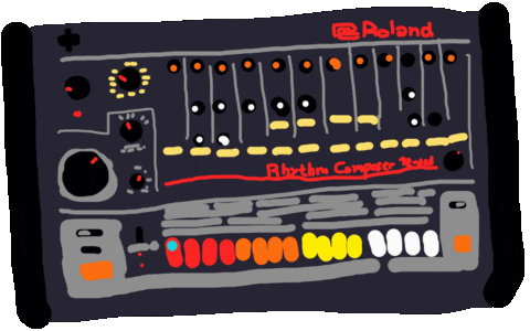Cartoon Roland TR-808 drum machine, its step buttons lighting up in turn