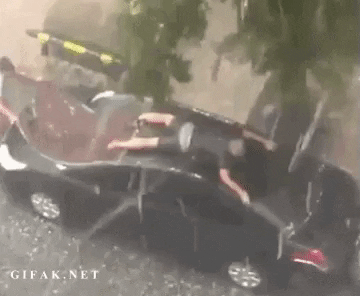 Man protecting car from hailstorm in funny gifs