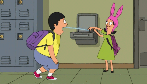 Animated character Louise Belcher from TV show Bob's Burgers aims water from a drinking fountain at Gene Belcher at school