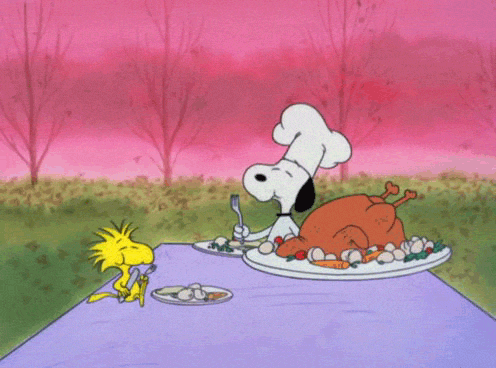 Woodstock and Snoopy eating turkey