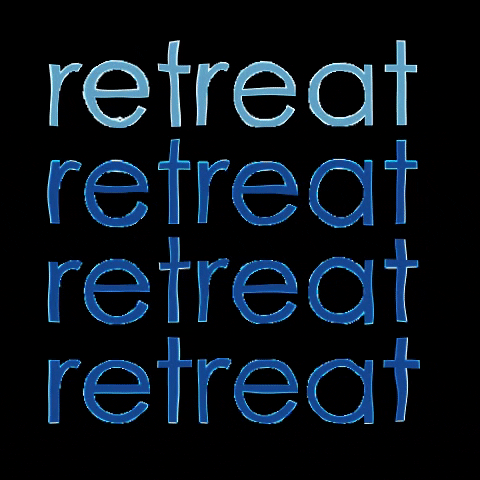 This is a GIF with a black background and the word retreat stacked and repeated vertically. The text is blue, but each repeated word is highlighted in light blue incrementally at about half a second. 