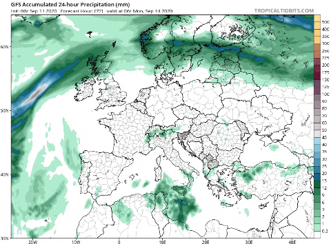 *Precipitación prevista el lunes 14 y martes 15 por el modelo GFS / Tropical Tidbits