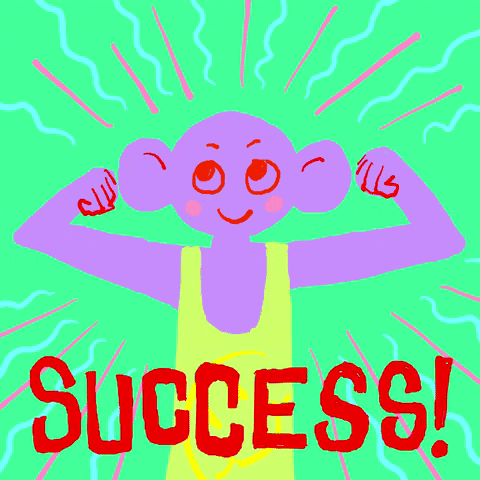 Purple man flexing his muscles with "Success!" appearing on the bottom
