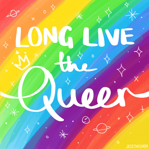 'Long Live the Queer' against a rainbow background