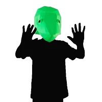 Figure in a green faceted paper animal mask with hands raised
