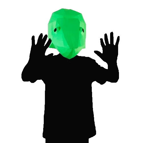 Figure in a green faceted paper animal mask with hands raised