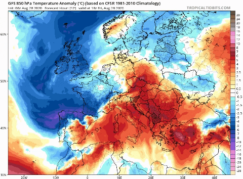 Anomalía de la temperatura a 850 hPa para el fin de semana según el modelo GFS / Tropical Tidbits