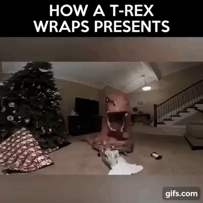 Gift wrapping can be stressful - especially if you're a T-Rex. Helping others wrap gifts can be a much-appreciated way to earn donations!