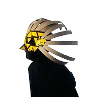 Figure wearing a radiating mask made of cardboard strips and yellow triangles