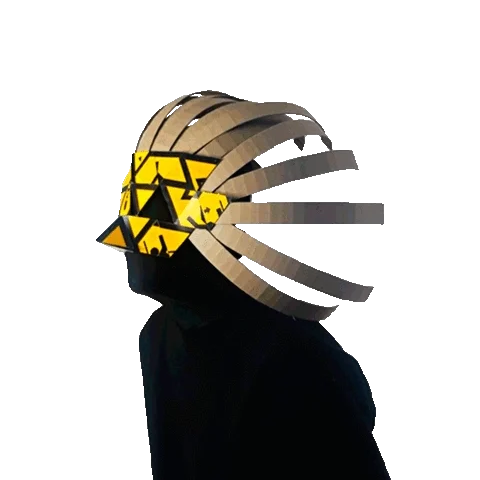 Figure wearing a radiating mask made of cardboard strips and yellow triangles