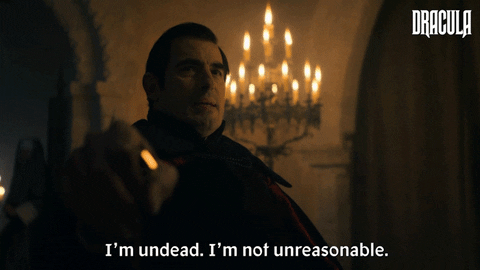 Dracula (played by Claes Bang) sitting and holding a walking-stick: 'I'm undead. I'm not unreasonable'
