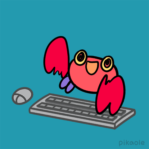 Um caranguejo fofo digitando em um teclado e eventualmente mexendo em um mouse, muito feliz.