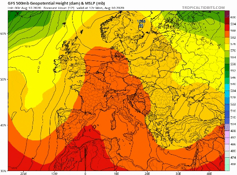 Temperatura y geopotencial a 500 hPa previstos por el modelo GFS del lunes-martes / Tropical Tidbits