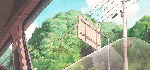 a moving background seen from a car window from a Studio Ghibli movie