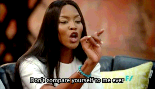 A GIF of model Naomi Campbell saying "Don't compare yourself to me ever".
