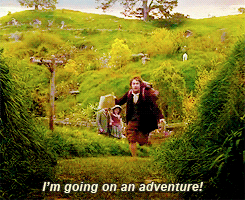 Bilbo Baggins running out of the Shire, saying "I'm going on an adventure".