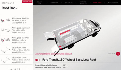 The van configurator pulls products directly from the company's database.  -  Screencap from the  Weather Guard website