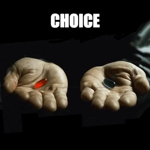Matrix scene showing red pill vs blue pill choice