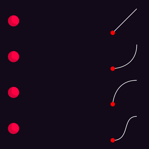 four red balls following different movement paths