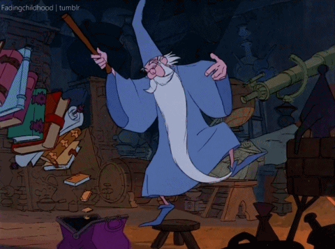 Wizard dancing with books.