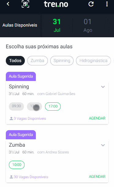 Aplicativo Trei.no > Menu > Aulas > Agendar