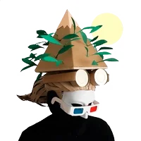 Figure wearing a cardboard mountain with paper leaves as a hat, and 3D glasses
