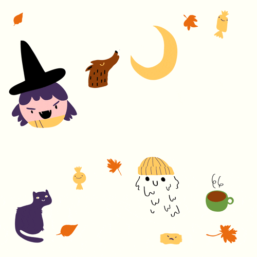 Reading Happy Halloween with picture of witches, wolves, pumpkins, and more