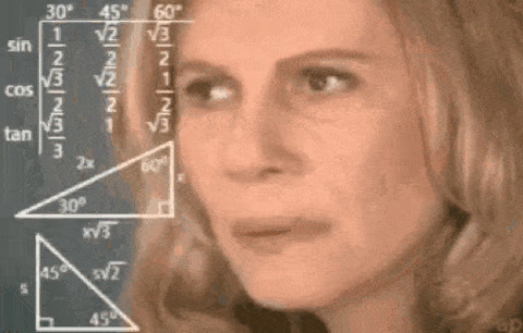 A woman looks around, puzzled, while geometry formulas and triangles float over her face.