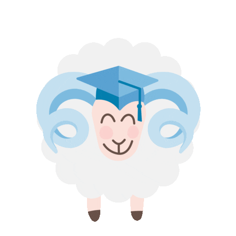 Animated illustrated gif of a ram wearing a Carolina Blue graduation cap and jumping up and down.