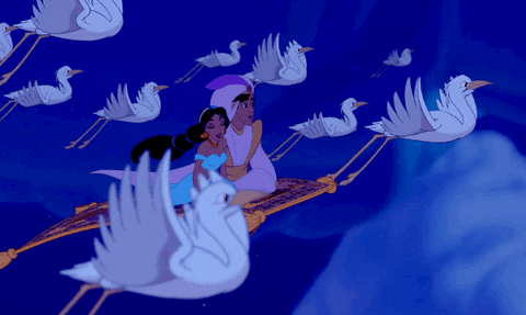 Aladdin & Jasmine fly on the magic carpet while a group of storks surround them 