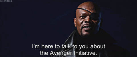 GIF of Nick Fury (Samuel L. Jackson) saying, "I'm here to talk to you about the Avenger Initiative."