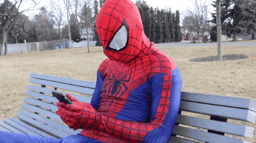 Person dressed as Spiderman texts in a park bench