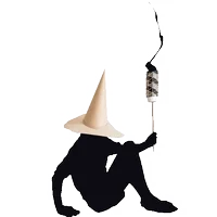 Seated silhouette in a pointed cardboard cone hat holding a small wand