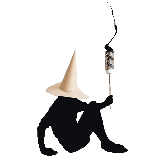Seated silhouette in a pointed cardboard cone hat holding a small wand