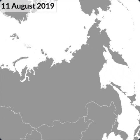 Satellite view showing more than 5 million km² of Siberia covered by smoke from wildfires, 11 August 2019. For comparison, the area of EU is about 4.5 million km², and the area of contiguous U.S. about 8.1 million km². Satellite image: MODIS / Terra. Graphic: Antti Lipponen