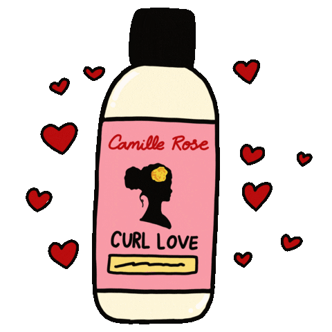 a cartoon GIF of Camille Rose Curl Love Moisture Milk with hearts all around it