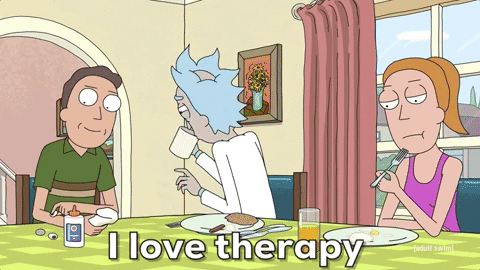 Rick, da série Rick e Morty, ironizando que ama terapia durante o café da manhã