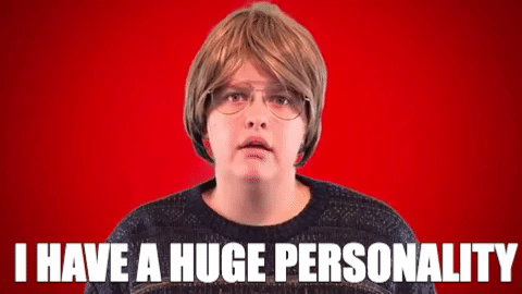 Woman with a Karen haircut against a red background saying "I have a huge personality."