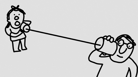 a basic animated line drawing of a child talking to an adult through a cup and string