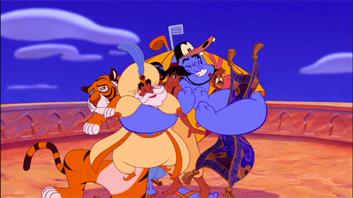 Gif of the Genie, a big, blue figure wearing a yellow Hawaiian style shirt, hugging Aladdin, Jasmine, the Sultan, the Magic Carpet, and Rajah, a big tiger, close together, from the Disney film Aladdin