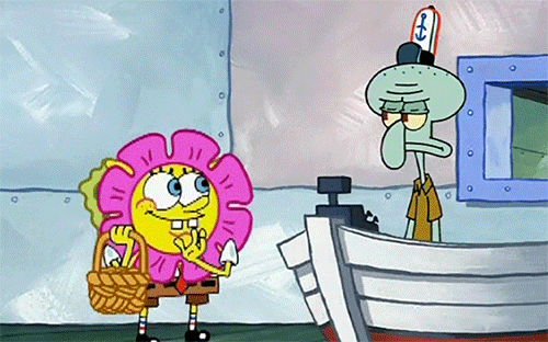 Spongebob dressed as a flower and throwing petals on squidward