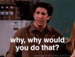 Attribution: [Image description: Ross from Friends is looking upset and saying, 'Why, why would you do that?'] Via Giphy