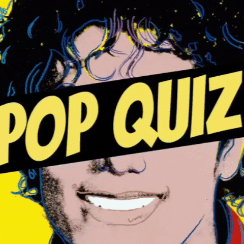 Pop-art face with a black band across it reading 'Pop Quiz'