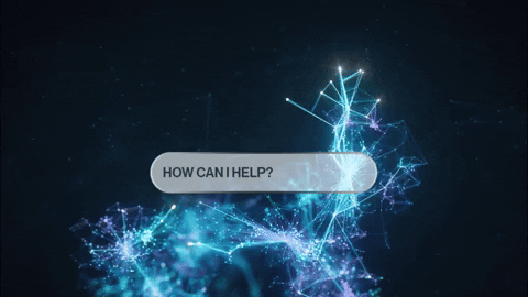 Glowing neural network with a chat bubble asking 'How can I help?'