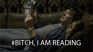 Cumberbatch's Sherlock pausing while reading, captioned: '#B**ch, I Am Reading'
