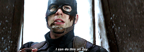 Captain America (Chris Evans), beaten but still raising his fists: I can do this all day