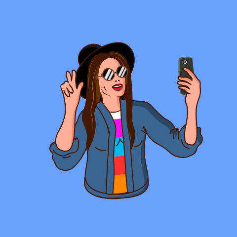 Gif of cartoon person in hat and sunglasses with rainbow shirt taking selfie